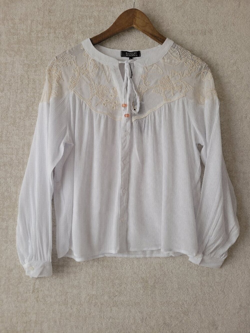 Badgley Mischka Peasant Button Down Blouse Small White Lace Boho Cottagecore